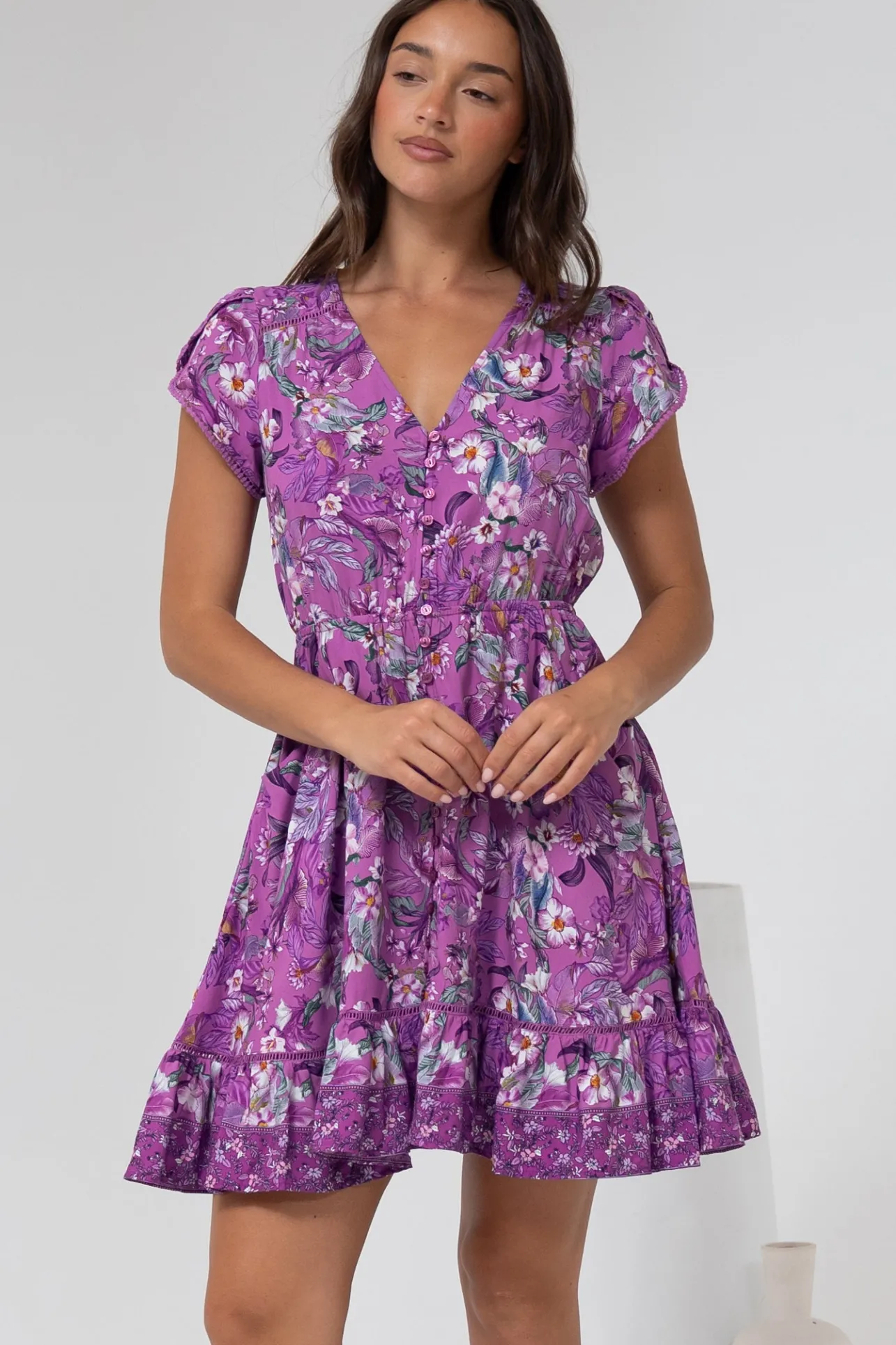 Lizzie Mini Dress - Butterfly Cap Sleeve Button Down Dress with Pockets in Rhodium Print>Jaase Sale