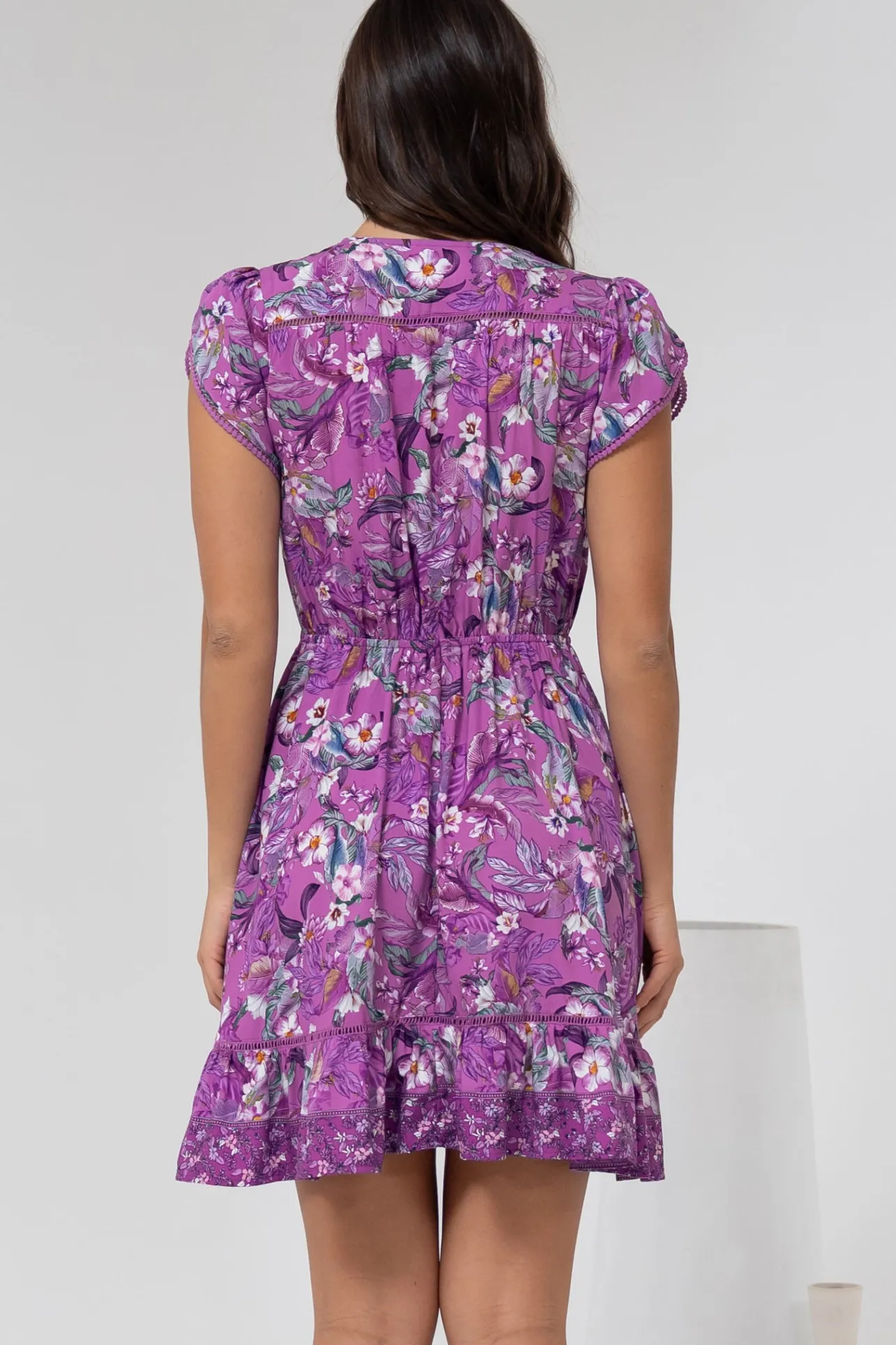 Lizzie Mini Dress - Butterfly Cap Sleeve Button Down Dress with Pockets in Rhodium Print>Jaase Sale