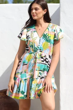 Loisa Mini Dress - Crochet Trim V Neck Dress with Cap Sleeves in Melora Print>Salty Crush New