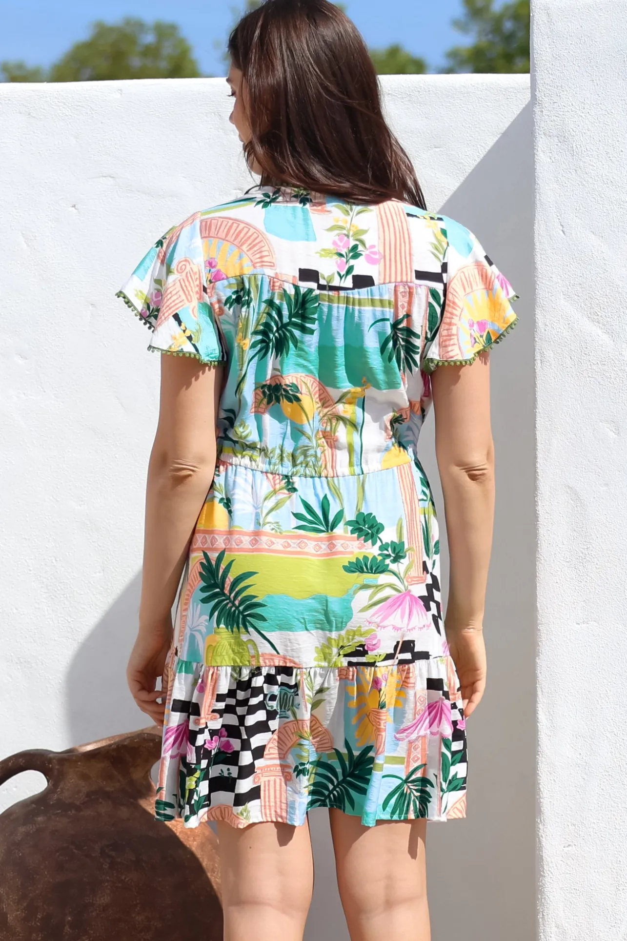 Loisa Mini Dress - Crochet Trim V Neck Dress with Cap Sleeves in Melora Print>Salty Crush New
