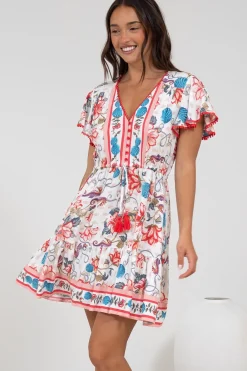 Loisa Mini Dress - Crochet Trim V Neck Dress with Cap Sleeves in Safia Print>Salty Crush Best