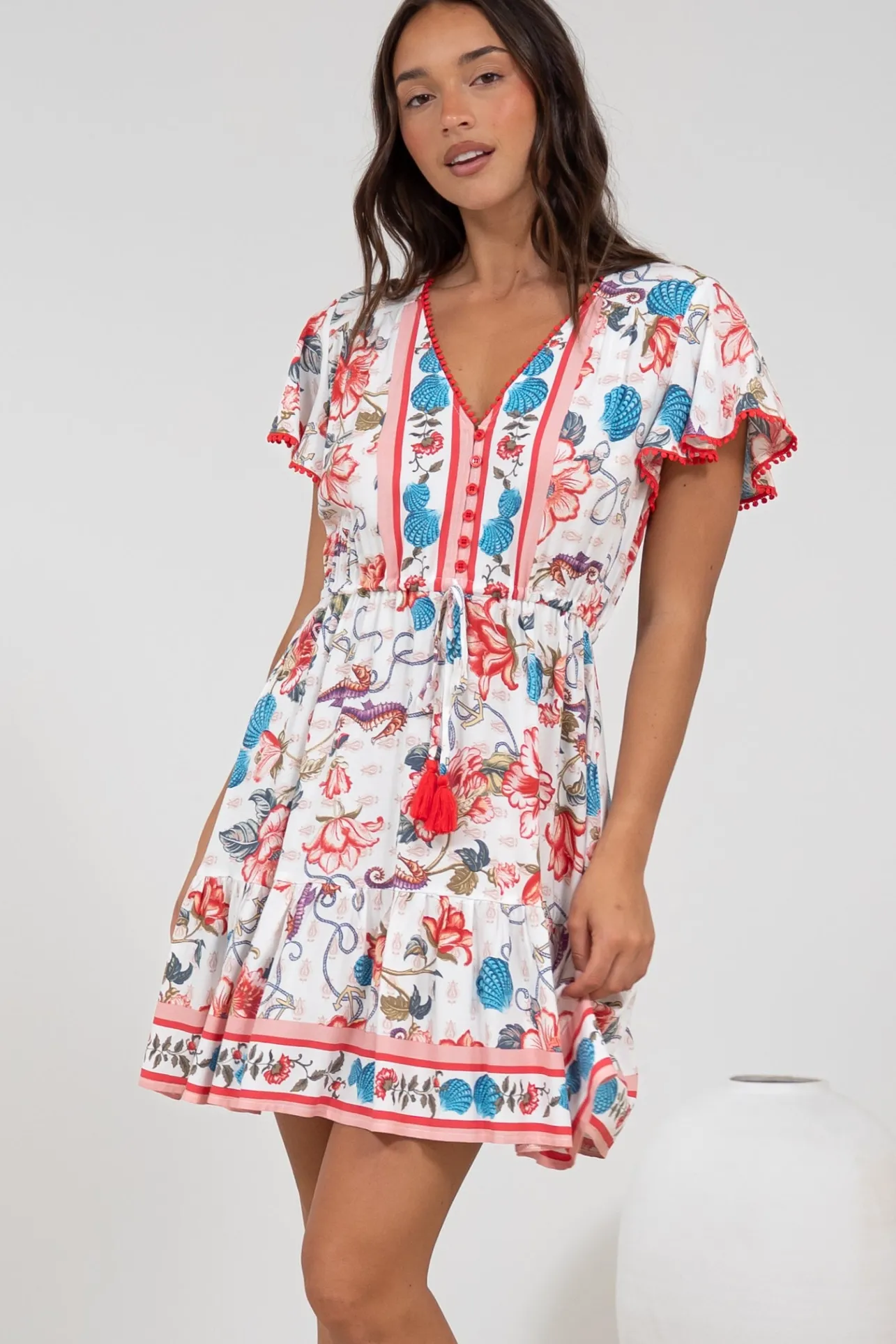 Loisa Mini Dress - Crochet Trim V Neck Dress with Cap Sleeves in Safia Print>Salty Crush Best
