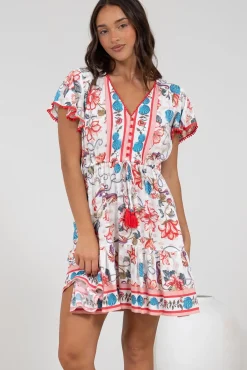 Loisa Mini Dress - Crochet Trim V Neck Dress with Cap Sleeves in Safia Print><noscript><img width=