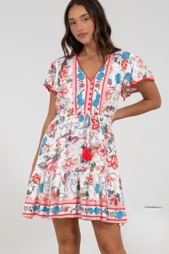 Loisa Mini Dress - Crochet Trim V Neck Dress with Cap Sleeves in Safia Print><noscript><img width=