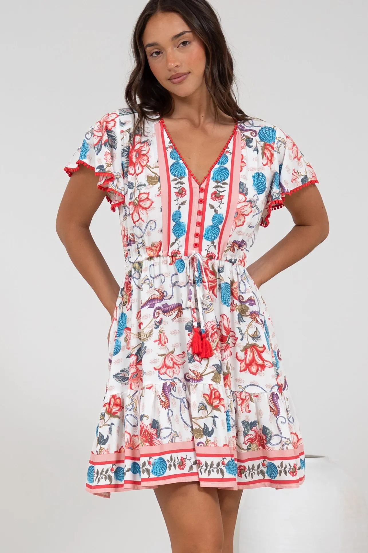 Loisa Mini Dress - Crochet Trim V Neck Dress with Cap Sleeves in Safia Print>Salty Crush Best