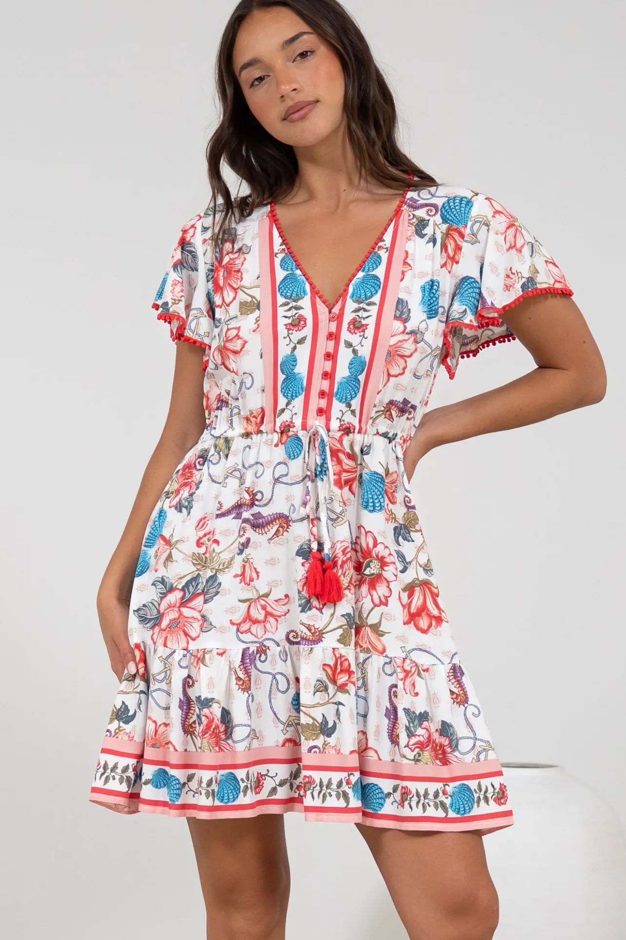 Loisa Mini Dress - Crochet Trim V Neck Dress with Cap Sleeves in Safia Print>Salty Crush Best