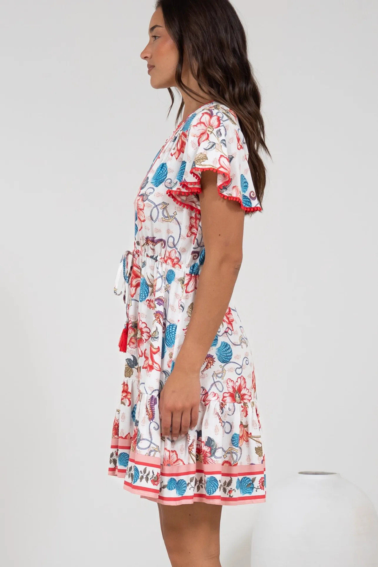 Loisa Mini Dress - Crochet Trim V Neck Dress with Cap Sleeves in Safia Print>Salty Crush Best