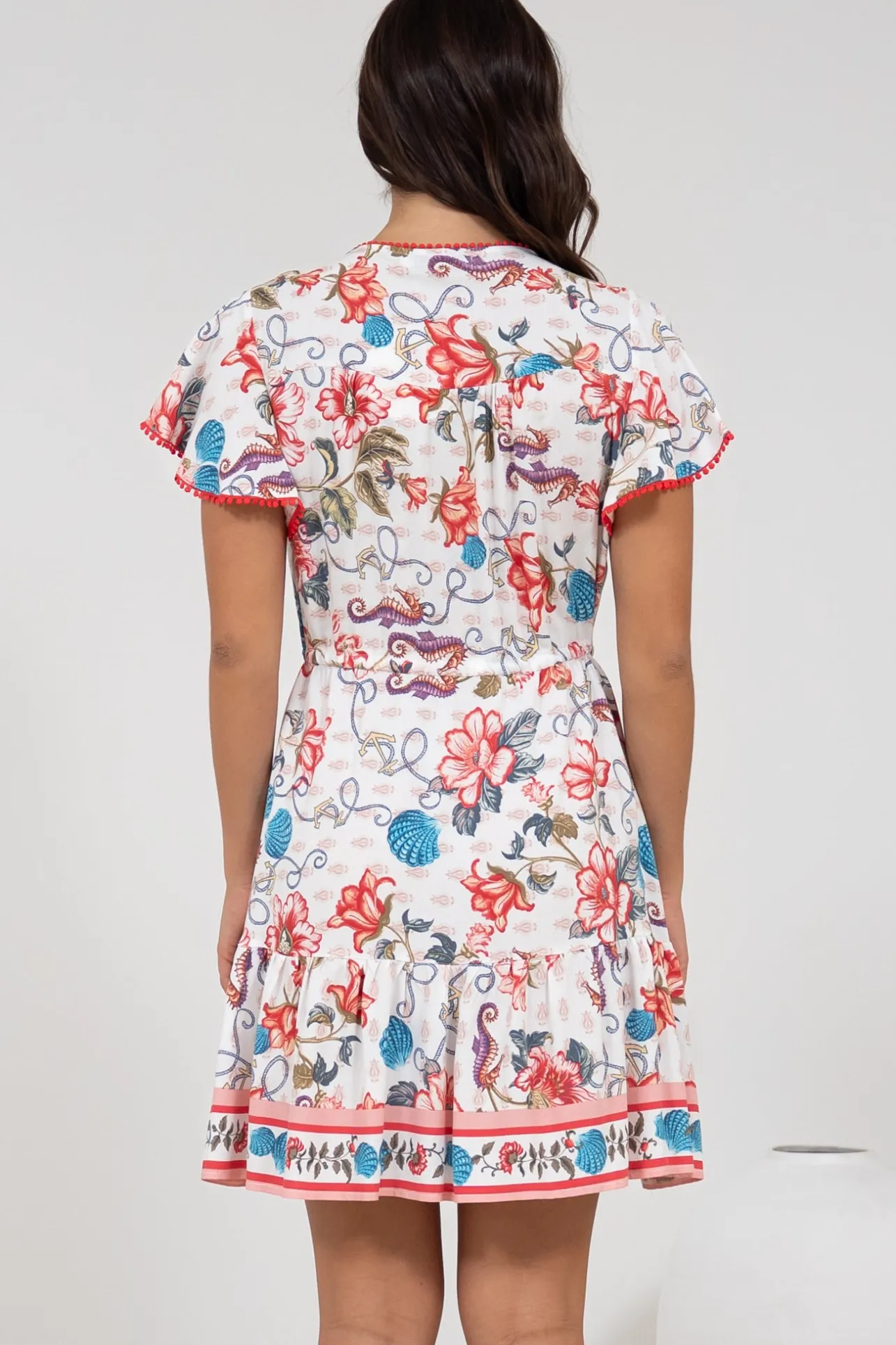 Loisa Mini Dress - Crochet Trim V Neck Dress with Cap Sleeves in Safia Print>Salty Crush Best