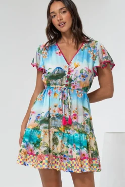 Loisa Mini Dress - Crochet Trim V Neck Dress with Cap Sleeves in Della Print>Salty Crush Discount