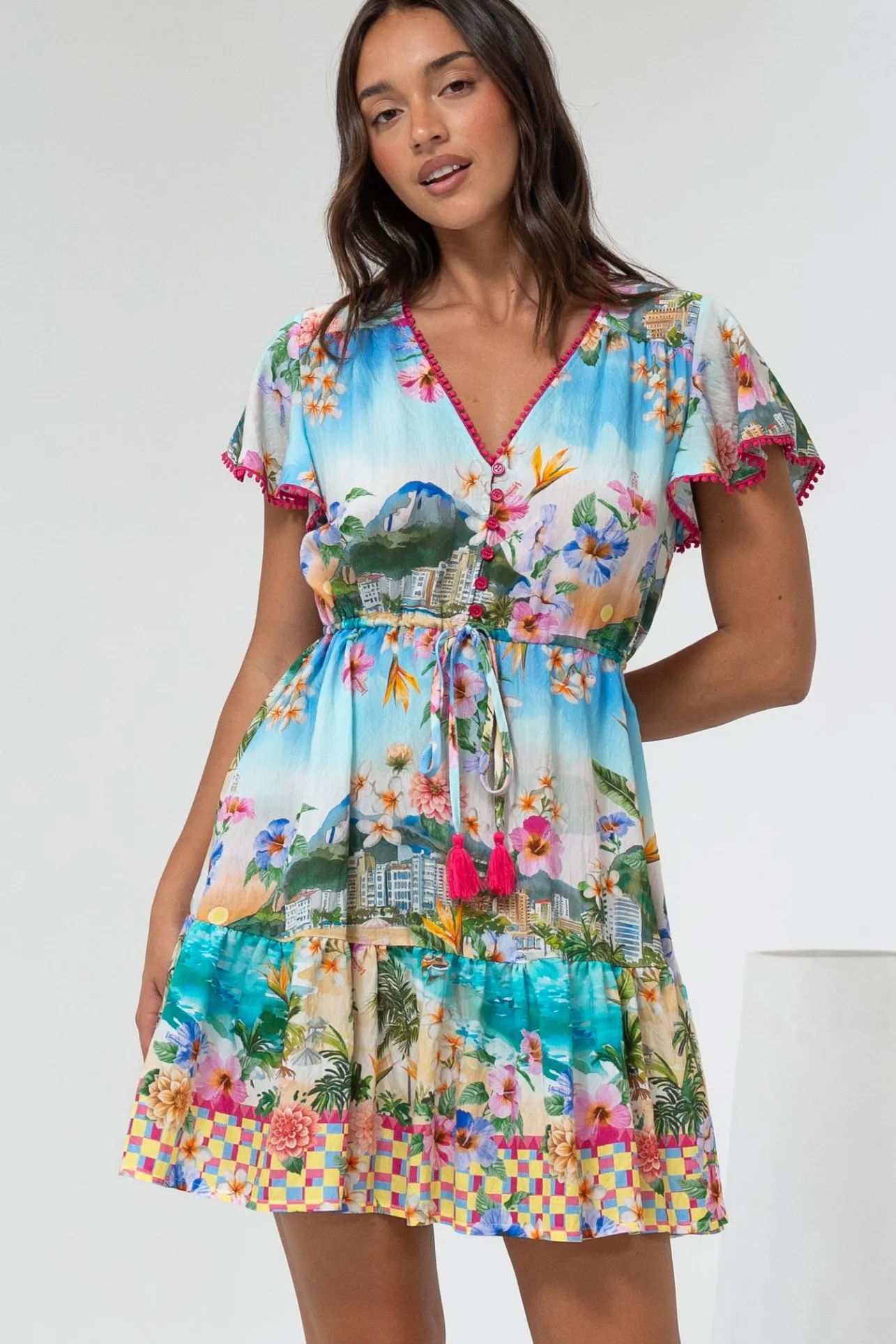 Loisa Mini Dress - Crochet Trim V Neck Dress with Cap Sleeves in Della Print>Salty Crush Discount