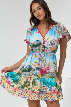 Loisa Mini Dress - Crochet Trim V Neck Dress with Cap Sleeves in Della Print>Salty Crush Discount