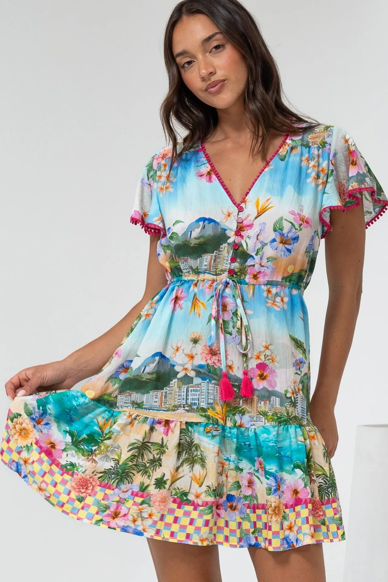 Loisa Mini Dress - Crochet Trim V Neck Dress with Cap Sleeves in Della Print>Salty Crush Discount