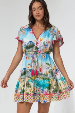 Loisa Mini Dress - Crochet Trim V Neck Dress with Cap Sleeves in Della Print><noscript><img width=