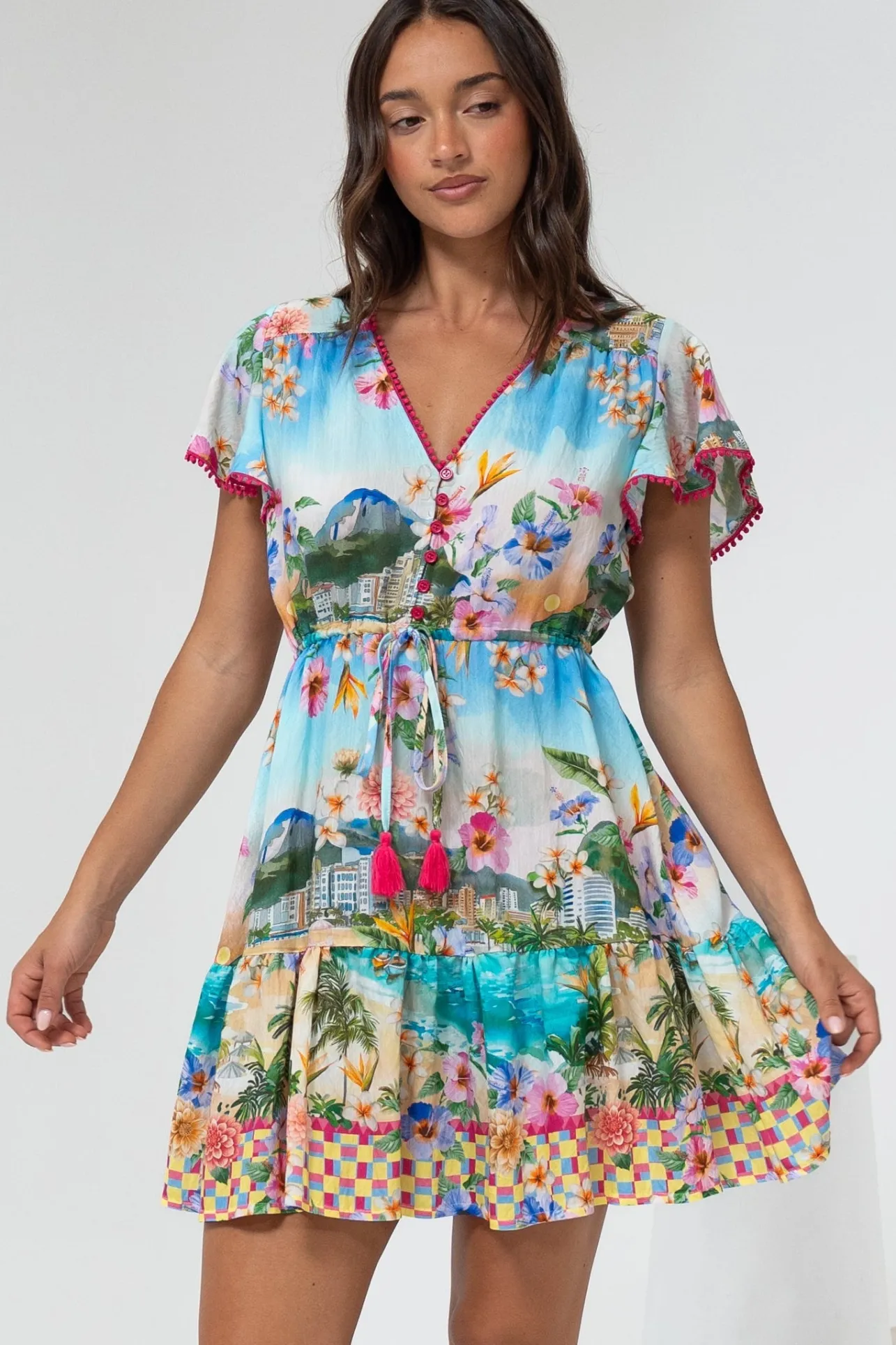 Loisa Mini Dress - Crochet Trim V Neck Dress with Cap Sleeves in Della Print>Salty Crush Discount