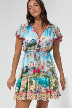 Loisa Mini Dress - Crochet Trim V Neck Dress with Cap Sleeves in Della Print><noscript><img width=