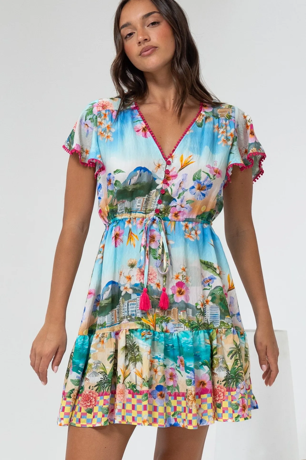 Loisa Mini Dress - Crochet Trim V Neck Dress with Cap Sleeves in Della Print>Salty Crush Discount