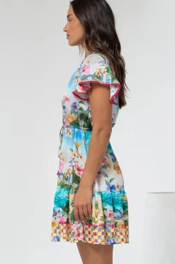Loisa Mini Dress - Crochet Trim V Neck Dress with Cap Sleeves in Della Print><noscript><img width=