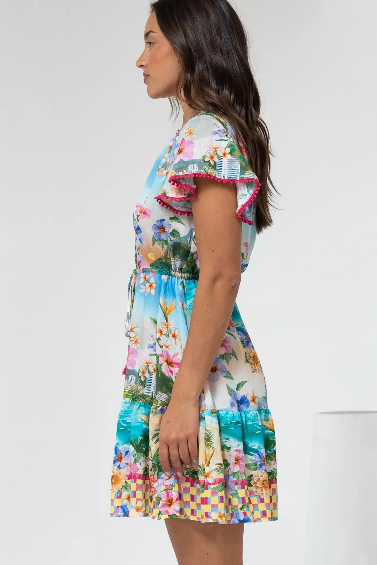 Loisa Mini Dress - Crochet Trim V Neck Dress with Cap Sleeves in Della Print>Salty Crush Discount