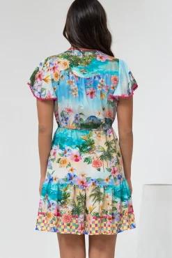 Loisa Mini Dress - Crochet Trim V Neck Dress with Cap Sleeves in Della Print><noscript><img width=