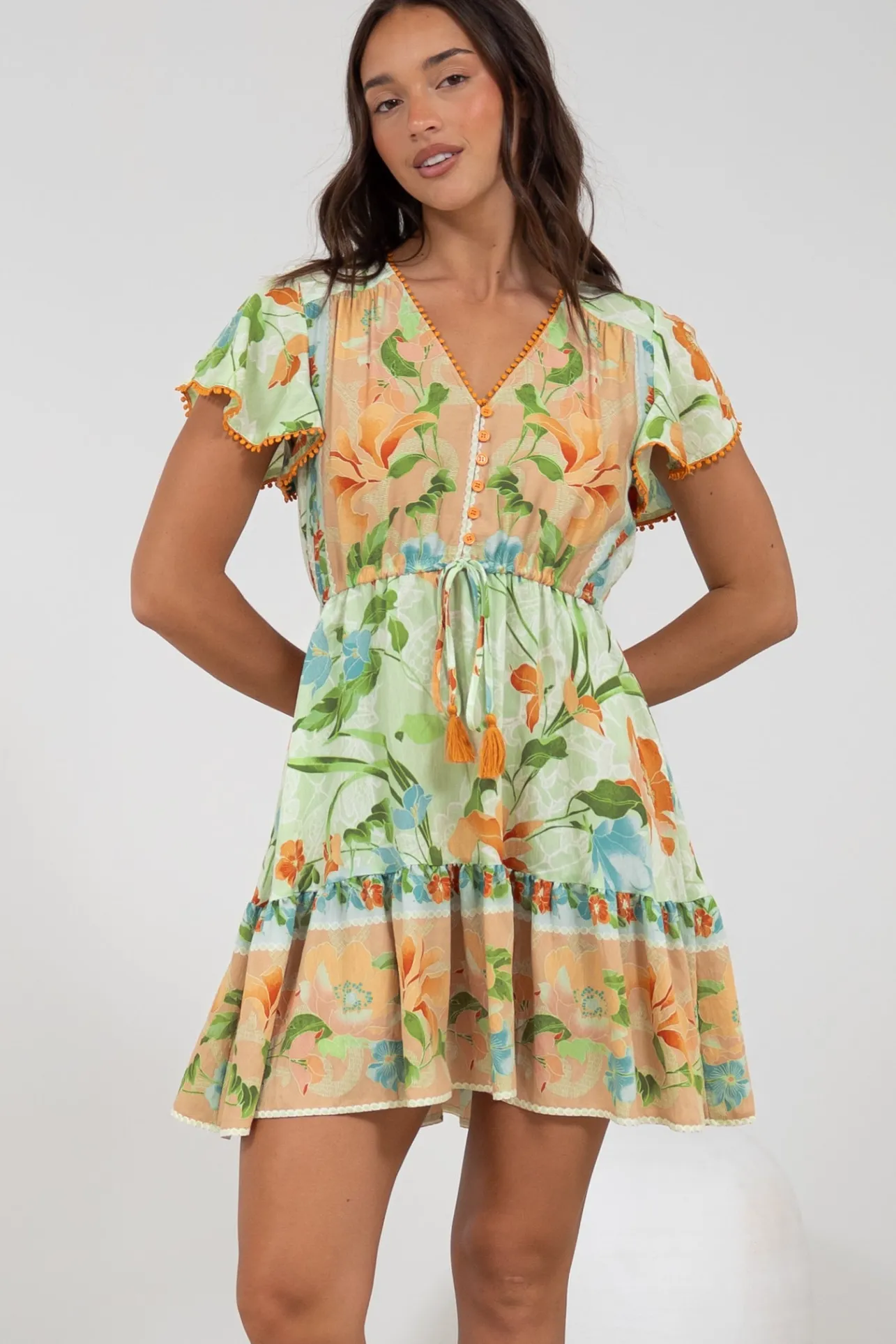 Loisa Mini Dress - Crochet Trim V Neck Dress with Cap Sleeves in Noriko Print>Salty Crush Best