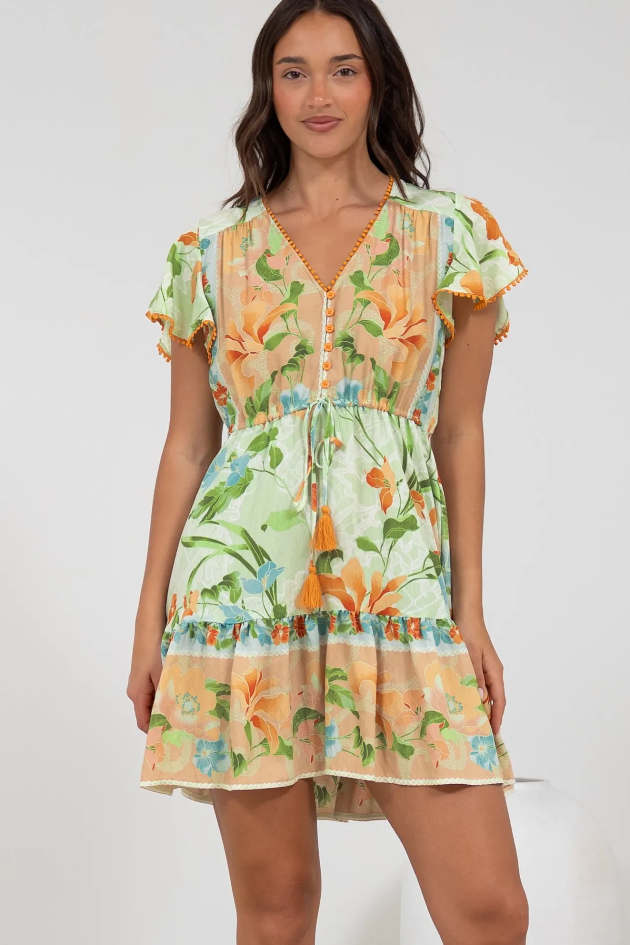 Loisa Mini Dress - Crochet Trim V Neck Dress with Cap Sleeves in Noriko Print>Salty Crush Best