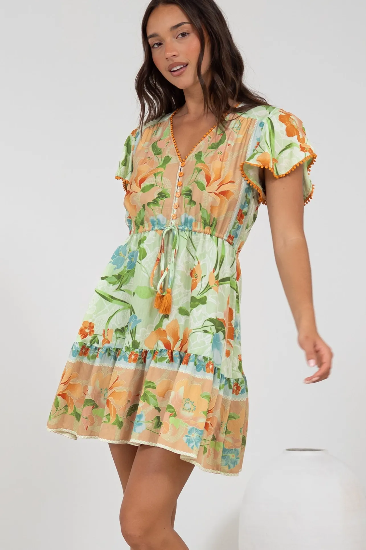 Loisa Mini Dress - Crochet Trim V Neck Dress with Cap Sleeves in Noriko Print>Salty Crush Best