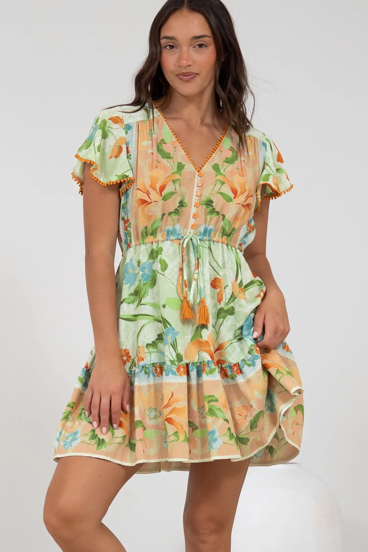 Loisa Mini Dress - Crochet Trim V Neck Dress with Cap Sleeves in Noriko Print>Salty Crush Best