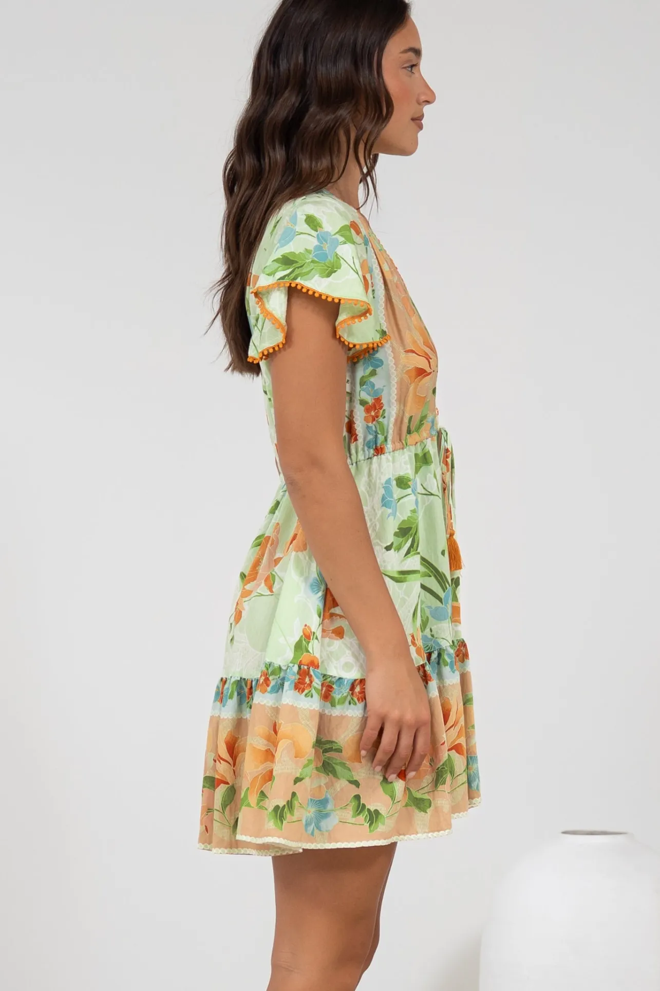 Loisa Mini Dress - Crochet Trim V Neck Dress with Cap Sleeves in Noriko Print>Salty Crush Best