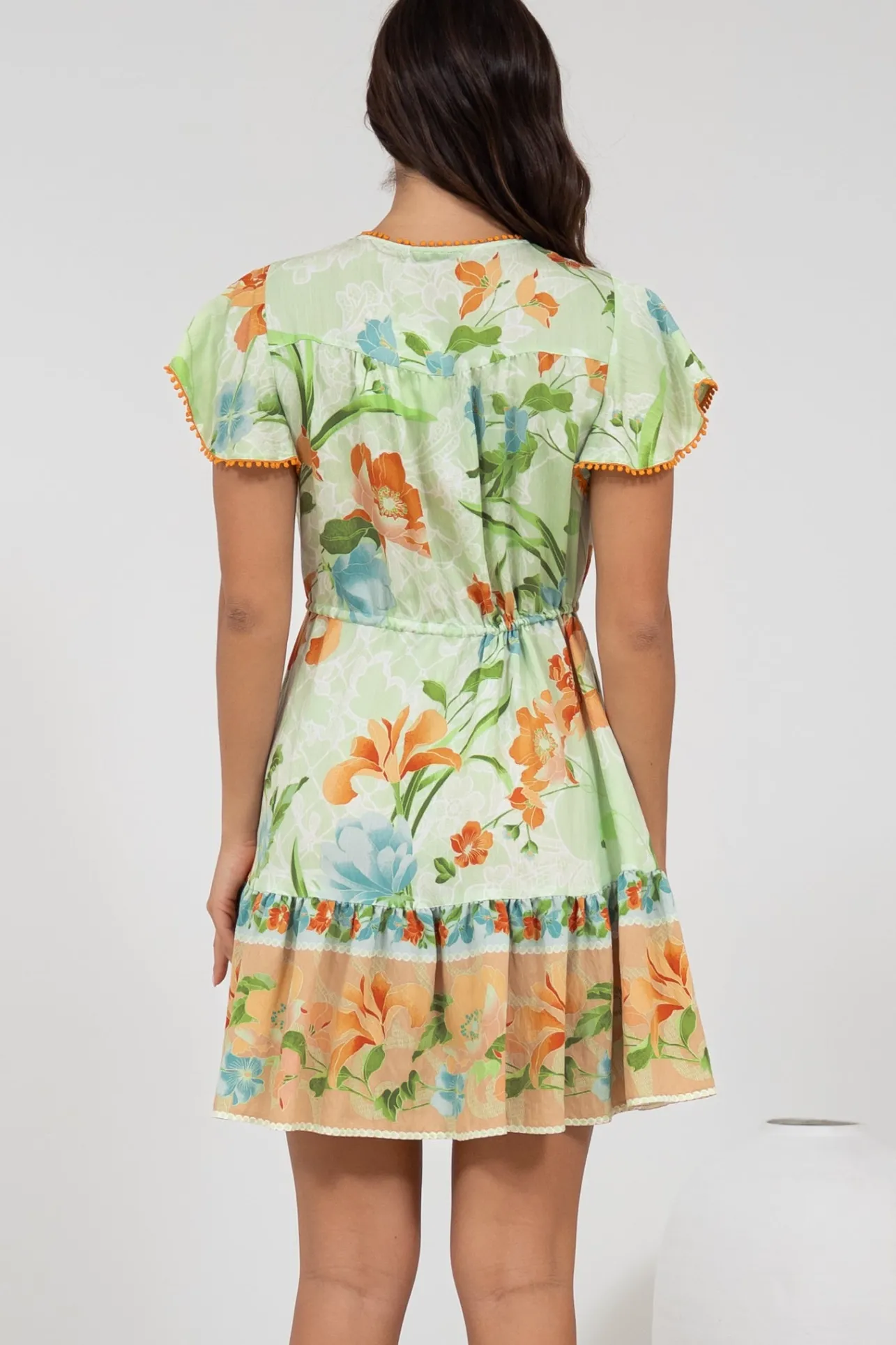 Loisa Mini Dress - Crochet Trim V Neck Dress with Cap Sleeves in Noriko Print>Salty Crush Best