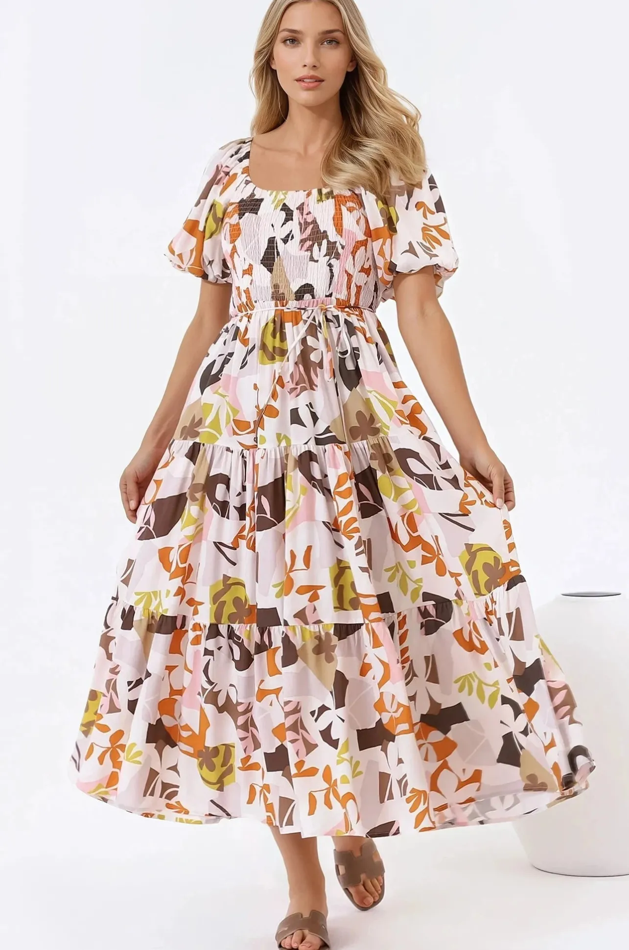 Lolitta Midi Dress - On or Off Shoulder Elasticated Bodice Dress in Irisa Print>Salty Crush