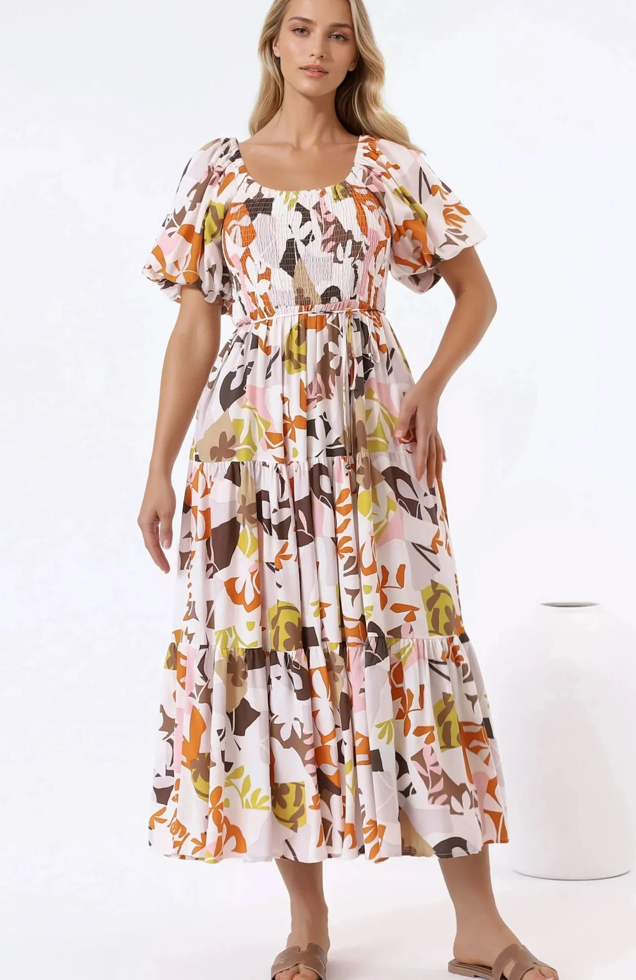 Lolitta Midi Dress - On or Off Shoulder Elasticated Bodice Dress in Irisa Print>Salty Crush
