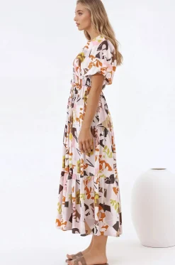 Lolitta Midi Dress - On or Off Shoulder Elasticated Bodice Dress in Irisa Print><noscript><img width=