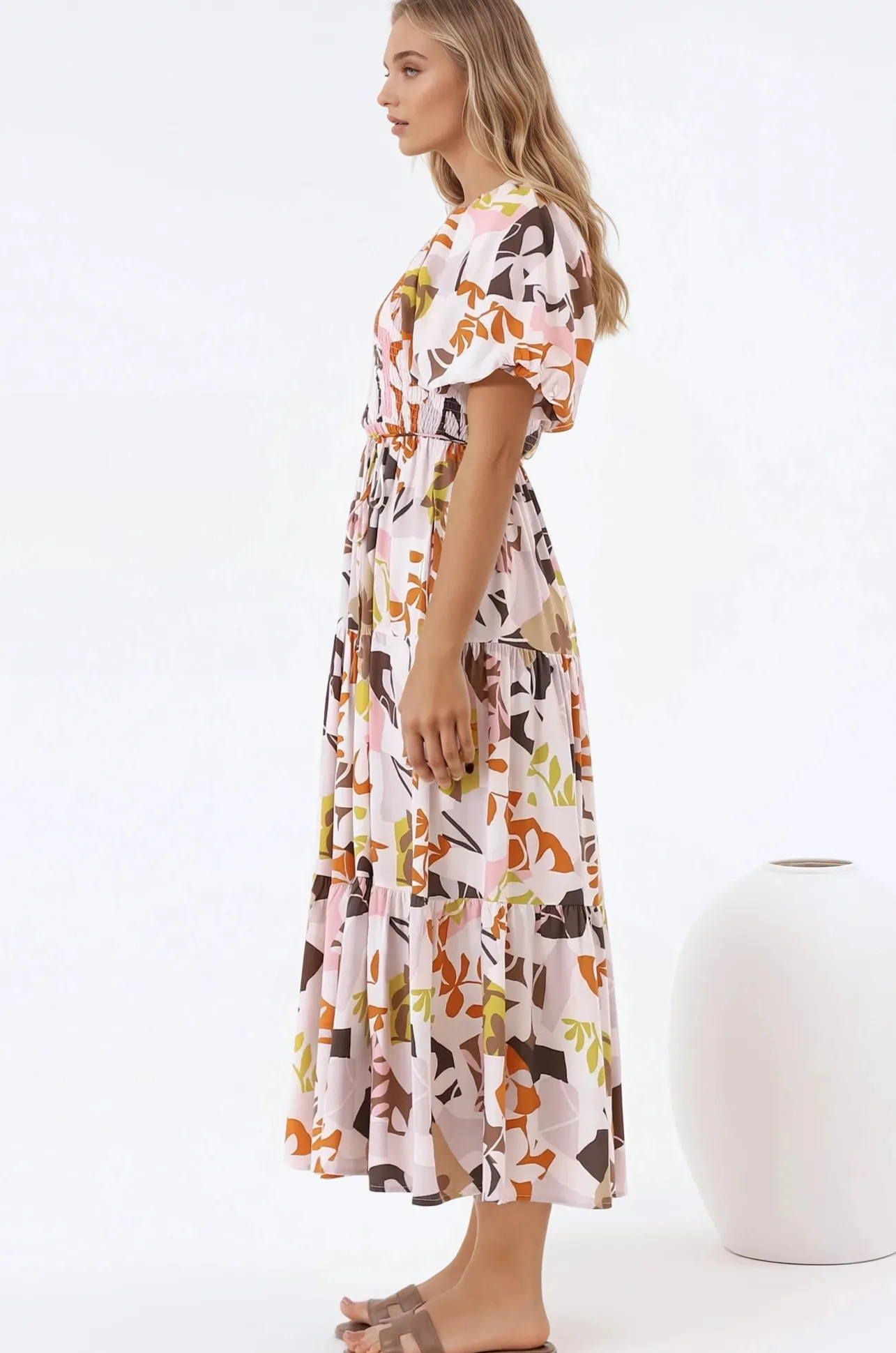 Lolitta Midi Dress - On or Off Shoulder Elasticated Bodice Dress in Irisa Print>Salty Crush