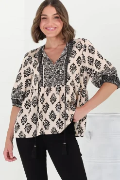 Loma Blouse - Pull Over Balloon Sleeve Smock in Aida Print Cream><noscript><img width=