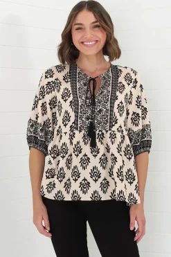 Loma Blouse - Pull Over Balloon Sleeve Smock in Aida Print Cream><noscript><img width=