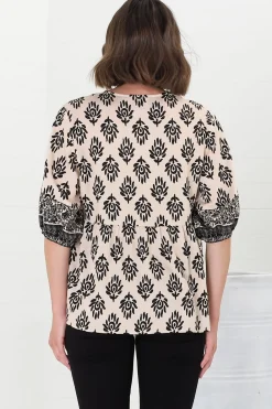Loma Blouse - Pull Over Balloon Sleeve Smock in Aida Print Cream><noscript><img width=