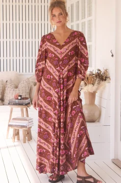 London Maxi Dress - Balloon Sleeve Shift Dress in Savanna Print>Jaase Outlet