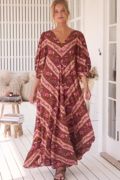 London Maxi Dress - Balloon Sleeve Shift Dress in Savanna Print><noscript><img width=