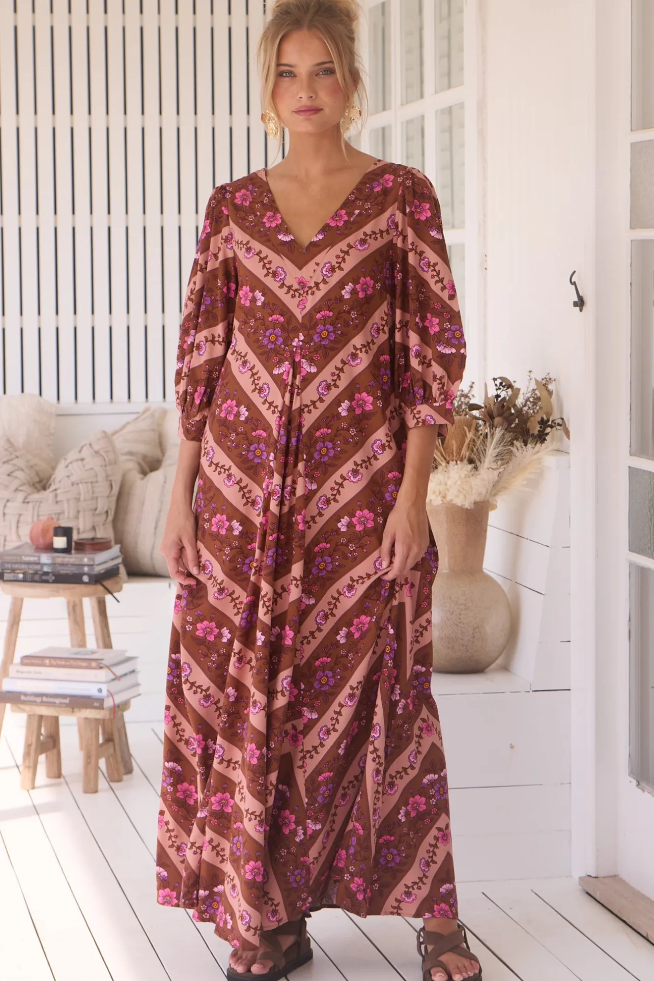 London Maxi Dress - Balloon Sleeve Shift Dress in Savanna Print>Jaase Outlet