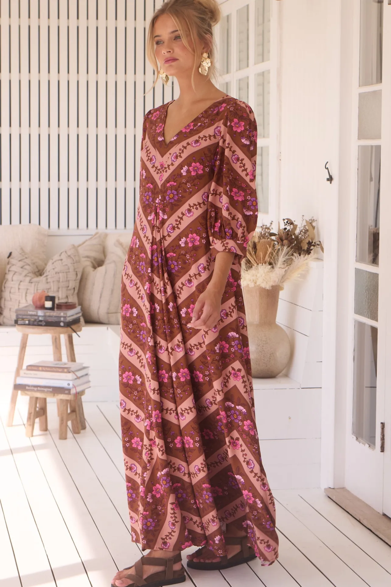 London Maxi Dress - Balloon Sleeve Shift Dress in Savanna Print>Jaase Outlet