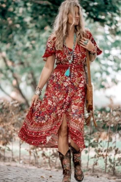 London Maxi Dress - Elasticated Waist Button Detail High Low Dress with Flutter Cap Sleeves in Floral Print>Salty Crush