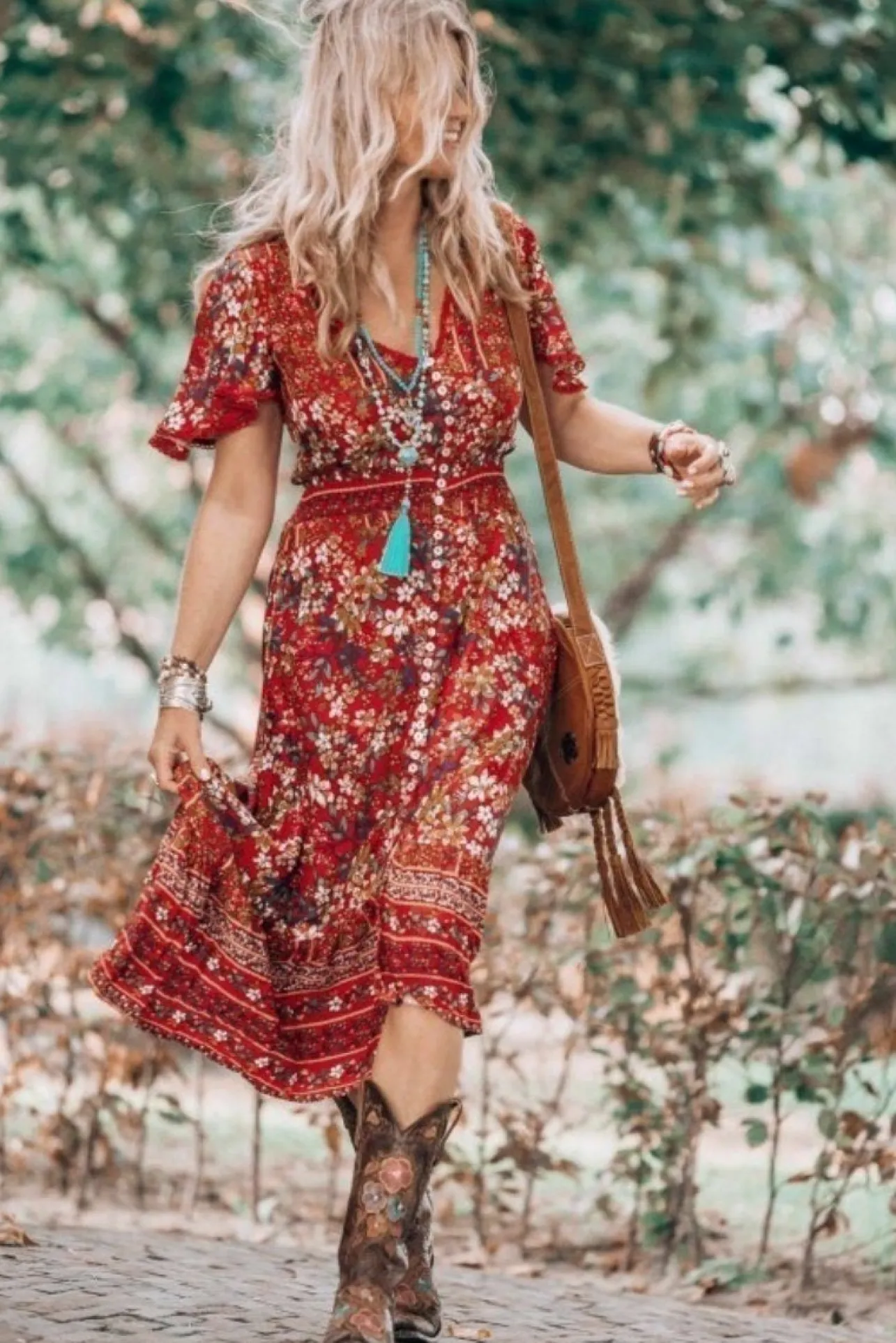 London Maxi Dress - Elasticated Waist Button Detail High Low Dress with Flutter Cap Sleeves in Floral Print>Salty Crush
