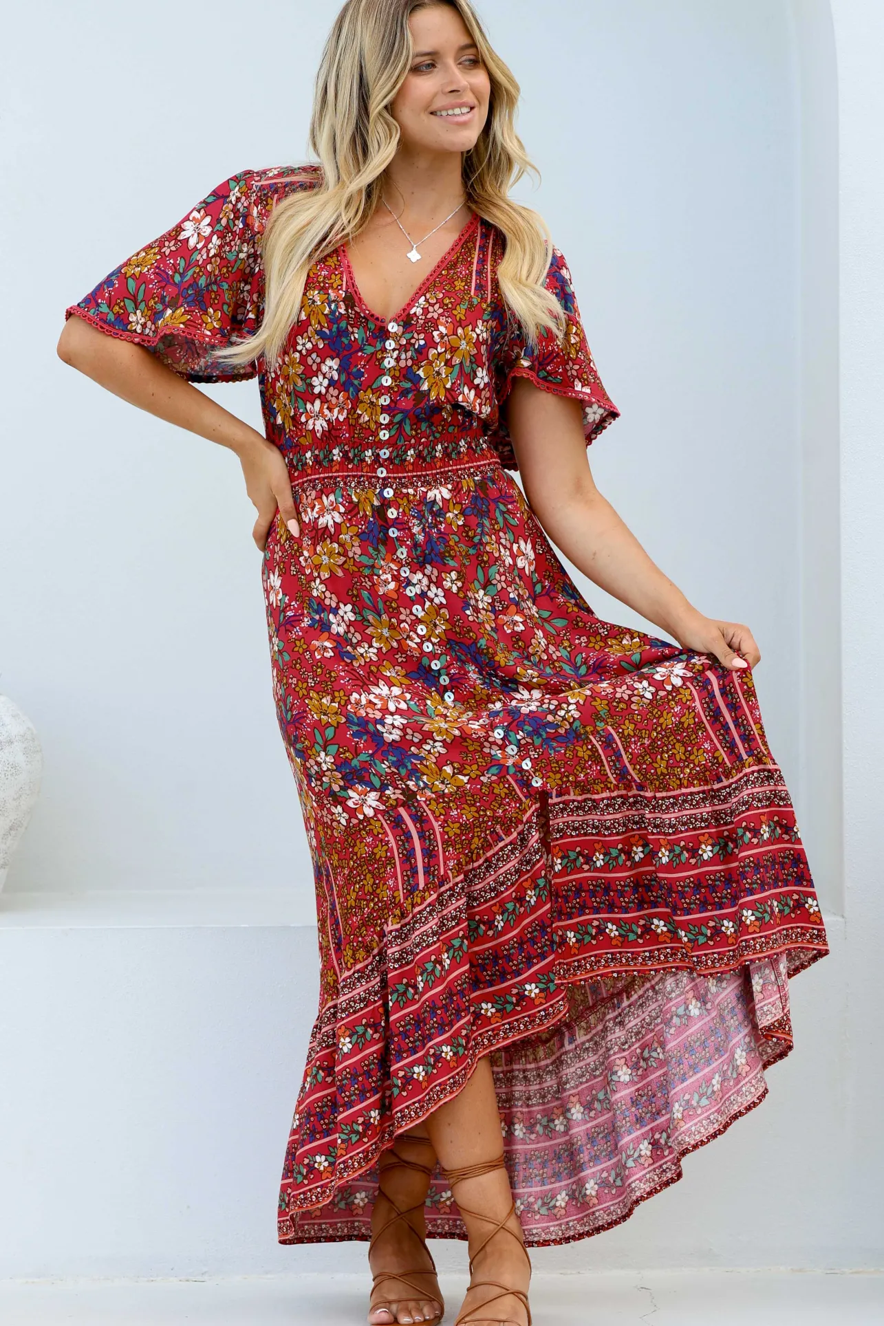 London Maxi Dress - Elasticated Waist Button Detail High Low Dress with Flutter Cap Sleeves in Floral Print>Salty Crush