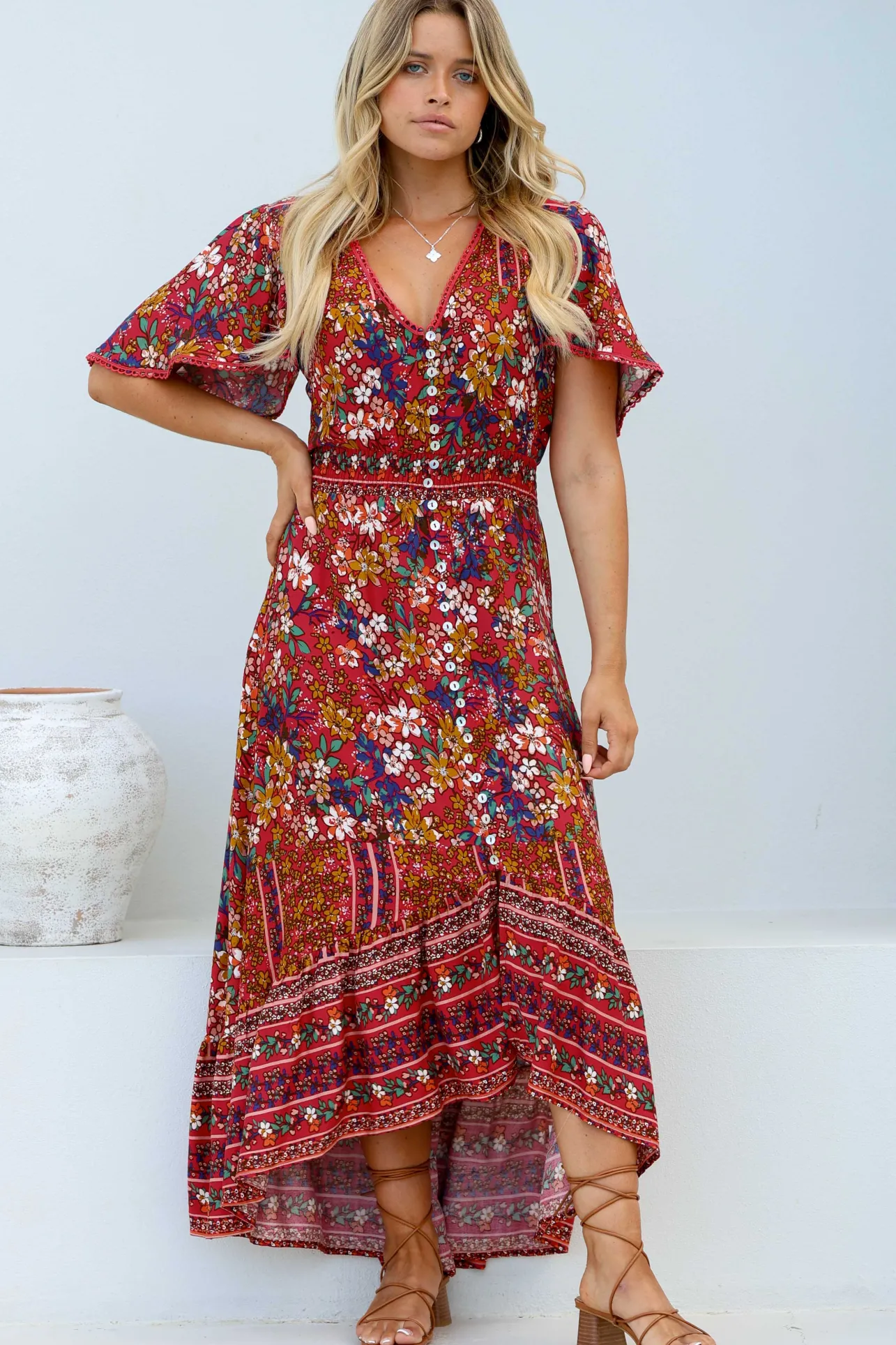 London Maxi Dress - Elasticated Waist Button Detail High Low Dress with Flutter Cap Sleeves in Floral Print>Salty Crush