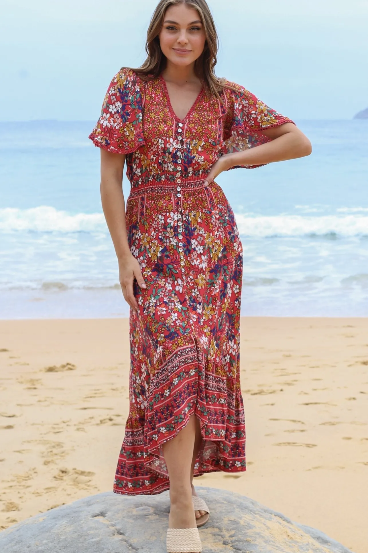 London Maxi Dress - Elasticated Waist Button Detail High Low Dress with Flutter Cap Sleeves in Floral Print>Salty Crush