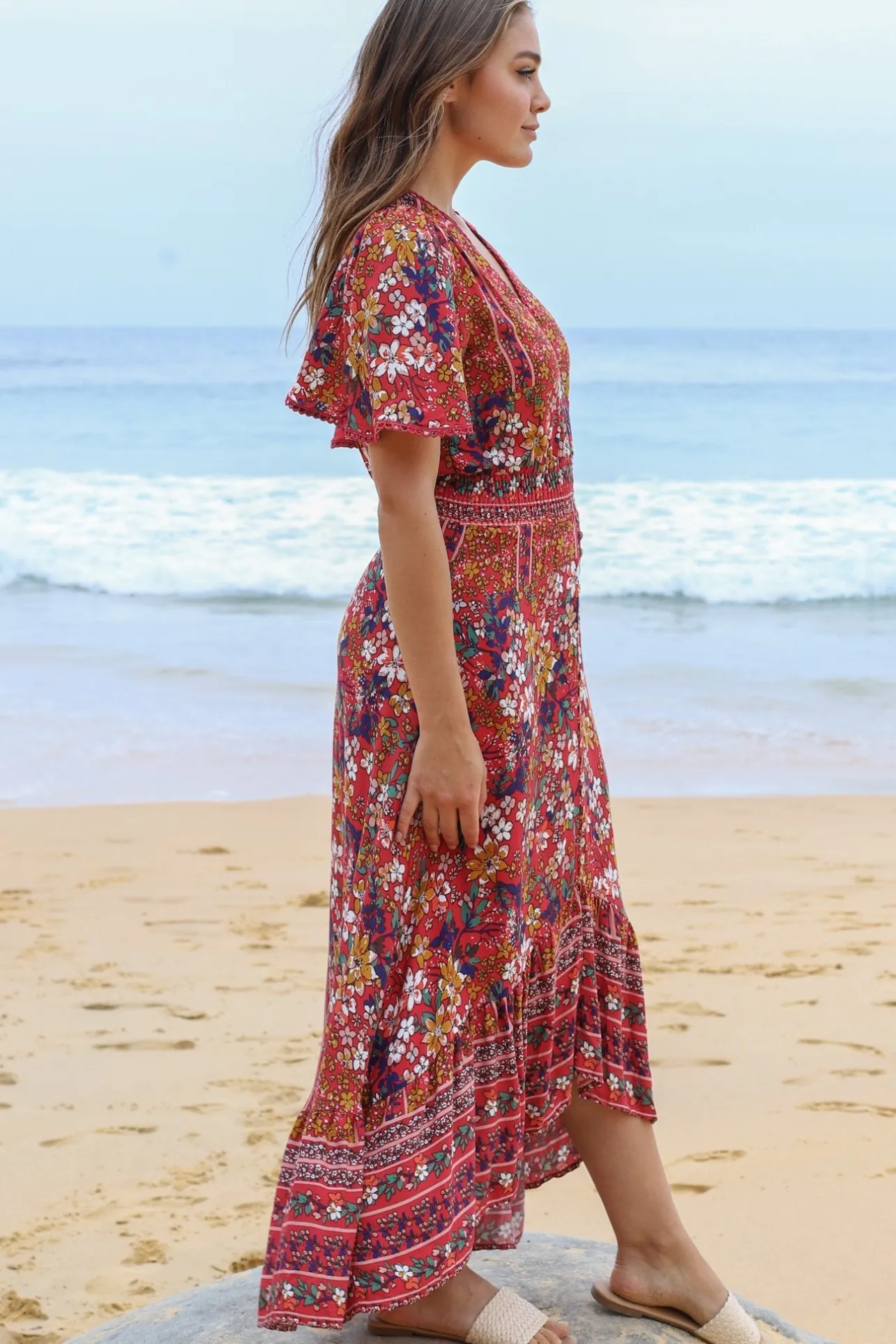 London Maxi Dress - Elasticated Waist Button Detail High Low Dress with Flutter Cap Sleeves in Floral Print>Salty Crush