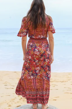 London Maxi Dress - Elasticated Waist Button Detail High Low Dress with Flutter Cap Sleeves in Floral Print><noscript><img width=