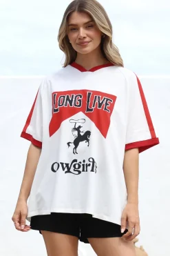 Long Live Cowgirls Tee - Graphic Print Short Sleeve T-Shirt with Racer Stripe Sleeves in White><noscript><img width=
