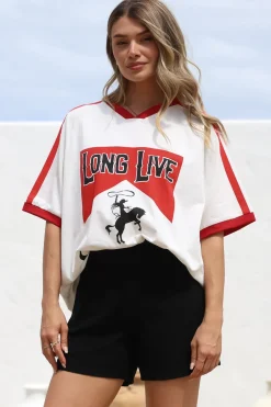 Long Live Cowgirls Tee - Graphic Print Short Sleeve T-Shirt with Racer Stripe Sleeves in White><noscript><img width=