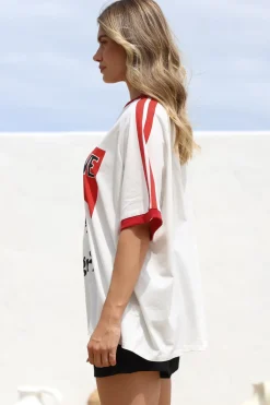Long Live Cowgirls Tee - Graphic Print Short Sleeve T-Shirt with Racer Stripe Sleeves in White><noscript><img width=
